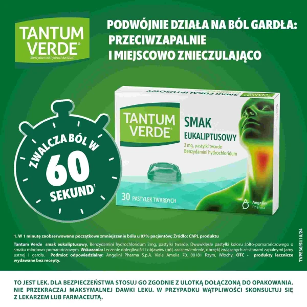 Tantum Verde 3 mg, smak eukaliptusowy, 30 pastylek twardych