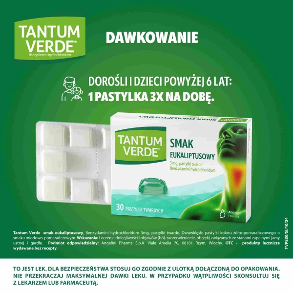 Tantum Verde 3 mg, smak eukaliptusowy, 30 pastylek twardych