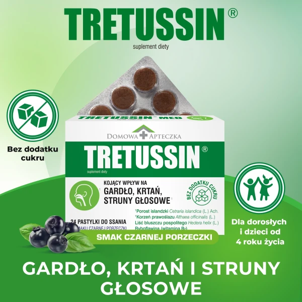 Tretussin, smak czarnej porzeczki, 24 pastylki do ssania