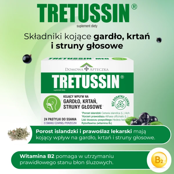 Tretussin, smak czarnej porzeczki, 24 pastylki do ssania