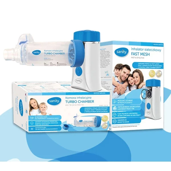 Sanity, pakiet promocyjny wyrobów do nebulizacji, Fast Mesh, inhalator siateczkowy, 1 sztuka + Turbo Chamber, komora inhalacyjna, 1 sztuka