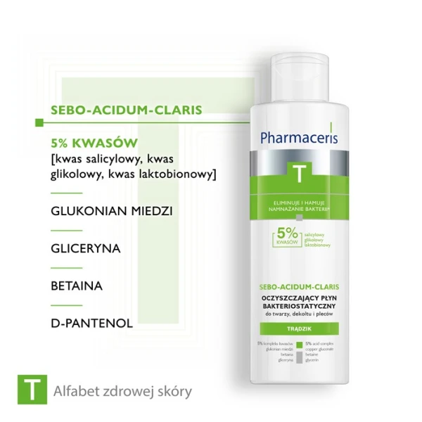 Pharmaceris T, Sebo-Acidum-Claris Oczyszczający płyn bakteriostatyczny do twarzy, 190 ml