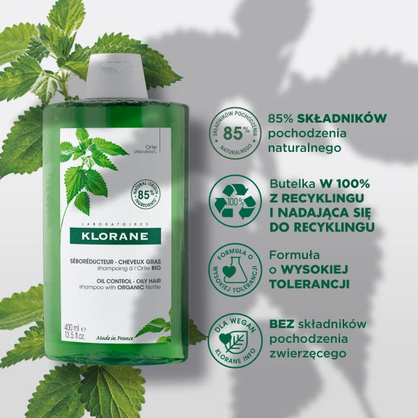 Klorane, seboregulujący szampon z organiczną pokrzywą, 400 ml