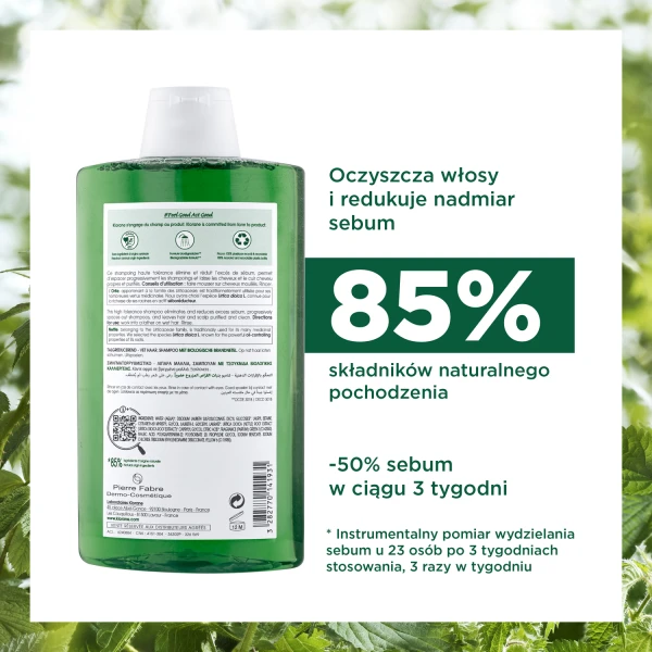 Klorane, seboregulujący szampon z organiczną pokrzywą, 400 ml
