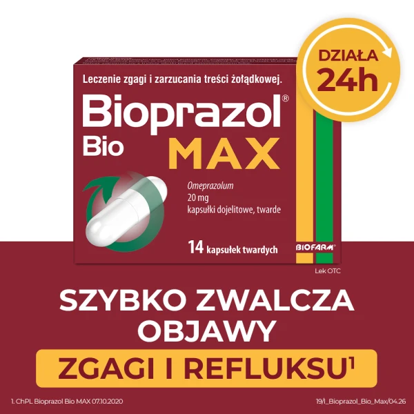 Bioprazol Bio Max 20 mg, na objawy zgagi i refluksu, 14 kapsułek dojelitowych