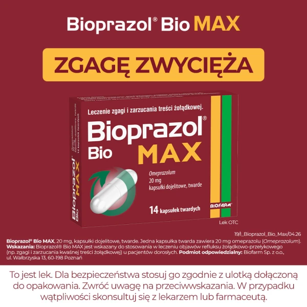 Bioprazol Bio Max 20 mg, na objawy zgagi i refluksu, 14 kapsułek dojelitowych