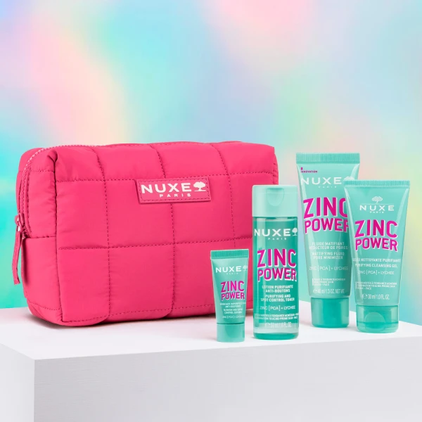 Zestaw Nuxe Zinc Power, żel, 30 ml + tonik, 50 ml + serum, 5 ml + fluid matujący, 15 ml + kosmetyczka