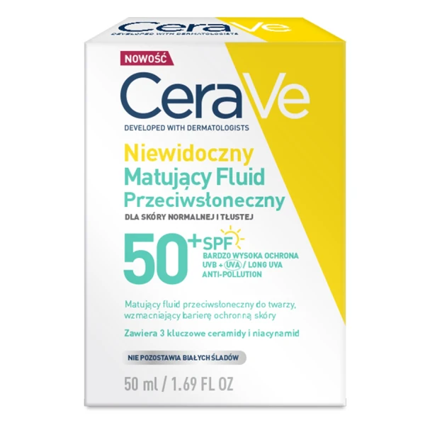 CeraVe, niewidoczny matujący fluid przeciwsłoneczny, skóra normalna i tłusta, SPF 50+, 50 ml