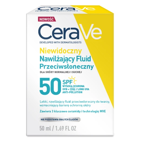 CeraVe, niewidoczny nawilżający fluid przeciwsłoneczny, skóra normalna i sucha, SPF 50, 50 ml
