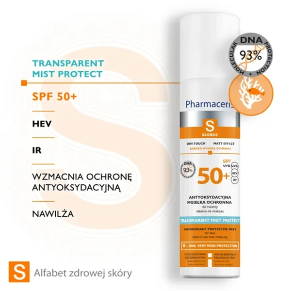 Pharmaceris S Transparent Mist Protect, antyoksydacyjna mgiełka ochronna do twarzy SPF 50+, 75 ml
