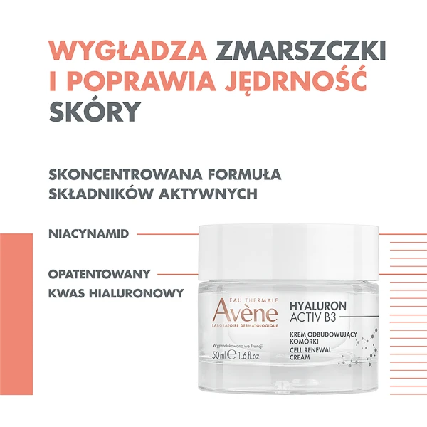 Avene Hyaluron Activ B3, krem przeciwzmarszczkowy, odbudowujący komórki, 50 ml