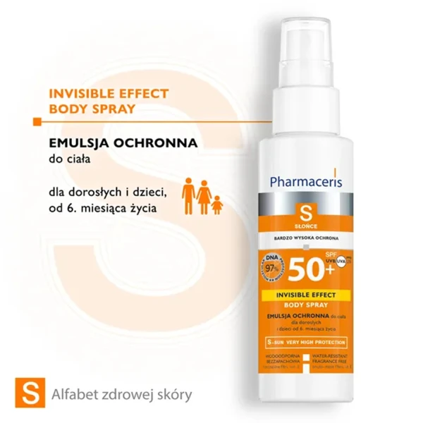 Pharmaceris S Invisible Effect Body Spray, emulsja ochronna do ciała SPF 50+ dla dorosłych i dzieci, 150 ml