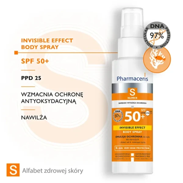 Pharmaceris S Invisible Effect Body Spray, emulsja ochronna do ciała SPF 50+ dla dorosłych i dzieci, 150 ml