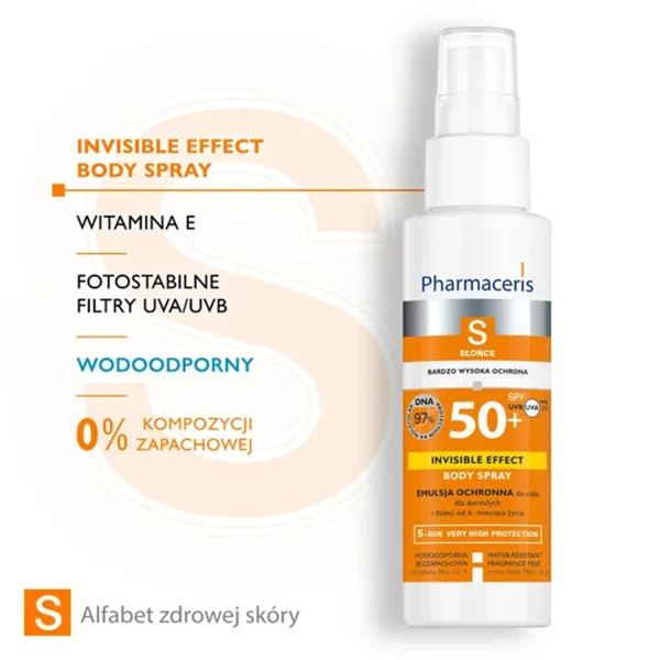 Pharmaceris S Invisible Effect Body Spray, emulsja ochronna do ciała SPF 50+ dla dorosłych i dzieci, 150 ml