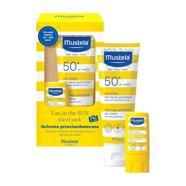 Zestaw Mustela Sun Fun In The Sun Travel Pack, mleczko przeciwsłoneczne, SPF 50, 40 ml + sztyft przeciwsłoneczny, SPF 50, 9 ml