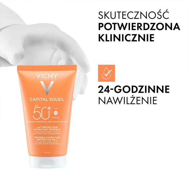Vichy Capital Soleil, nawilżające mleczko ochronne do twarzy i ciała, SPF 50+, 150 ml