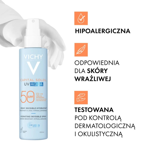 Vichy Capital Soleil UV-Aqua, ochronna mgiełka do twarzy i ciała, SPF 50, 200 ml