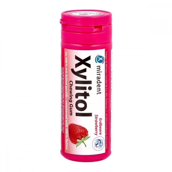 Miradent Xylitol, guma do żucia z ksylitolem, smak truskawkowy, 30 sztuk
