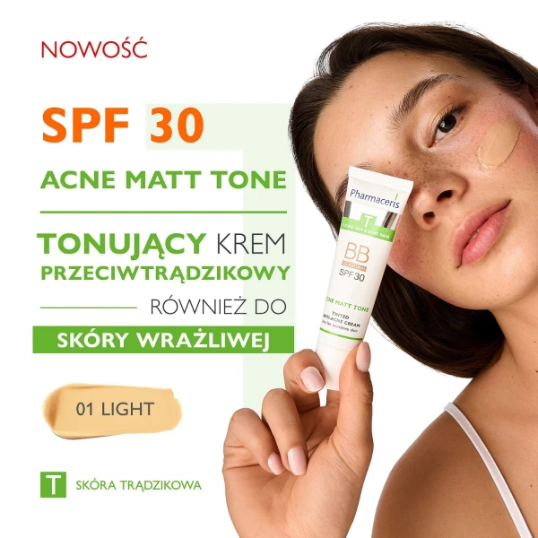 Pharmaceris T Acne Matt Tone BB, tonujący krem przeciwtrądzikowy, 01 light, SPF 30, 30 ml