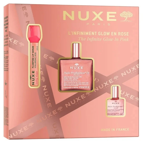 Nuxe zestaw The Infinite Glow in Pink, Very Rose serum do ust, 8 ml + Huile Prodigieuse Or Florale, olejek z drobinkami, 50 ml + Huile Prodigieuse Florale, olejek, 10 ml