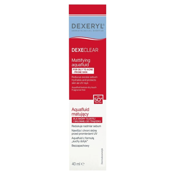 Dexeryl Dexeclear Aquafluid Matifiant Aqua, fluid matujący dla skóry tłustej i skłonnej do trądziku, SPF 50+, 40 ml