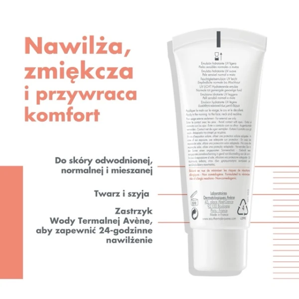 Avene Hydrance UV, lekki krem nawilżający, skóra wrażliwa, normalna i mieszana, SPF 30, 40 ml