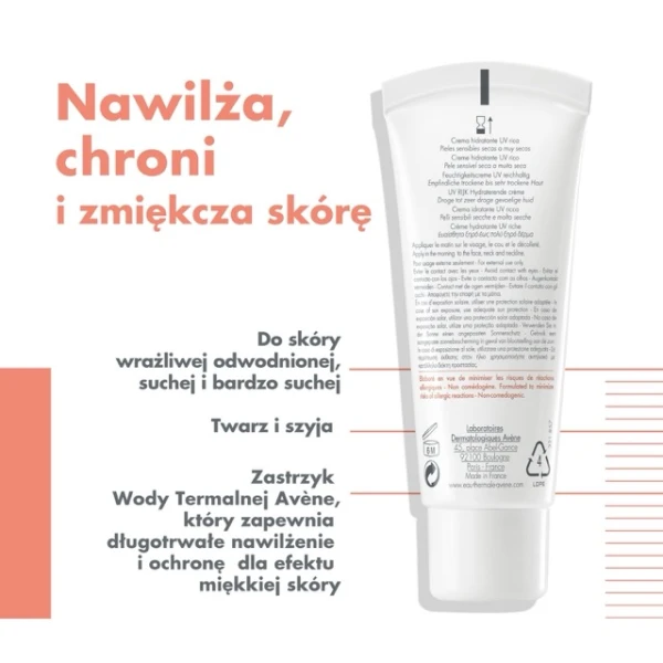 Avene Hydrance UV Rich, bogaty krem nawilżający, skóra wrażliwa, sucha i bardzo sucha, SPF 30, 40 ml