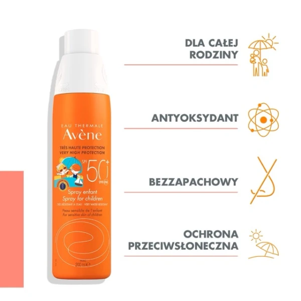 Avene Sun, wodoodporny spray ochronny do twarzy i ciała dla dzieci, skóra wrażliwa, SPF 50+, 200 ml