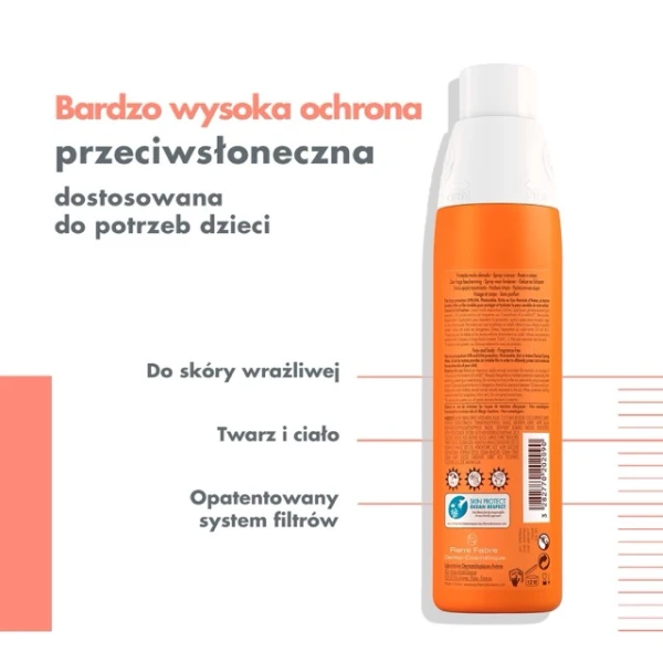 Avene Sun, wodoodporny spray ochronny do twarzy i ciała dla dzieci, skóra wrażliwa, SPF 50+, 200 ml