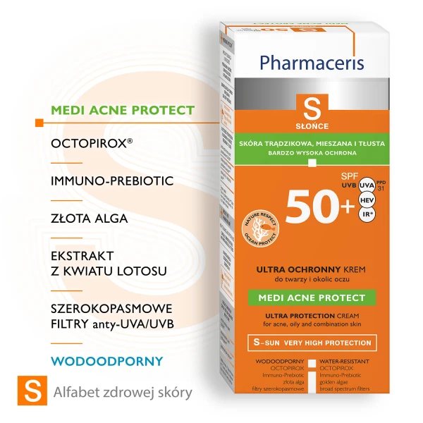 Pharmaceris S Medi Acne Protect SPF50+, Krem ochronny, dla skóry trądzikowej, mieszanej i tłustej, 50 ml