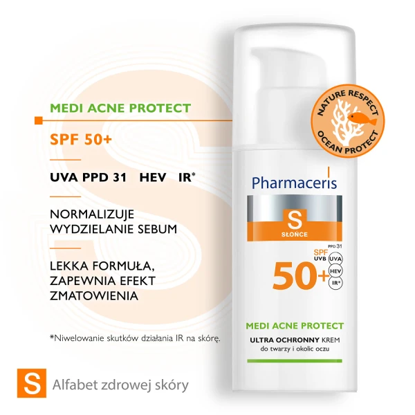 Pharmaceris S Medi Acne Protect SPF50+, Krem ochronny, dla skóry trądzikowej, mieszanej i tłustej, 50 ml
