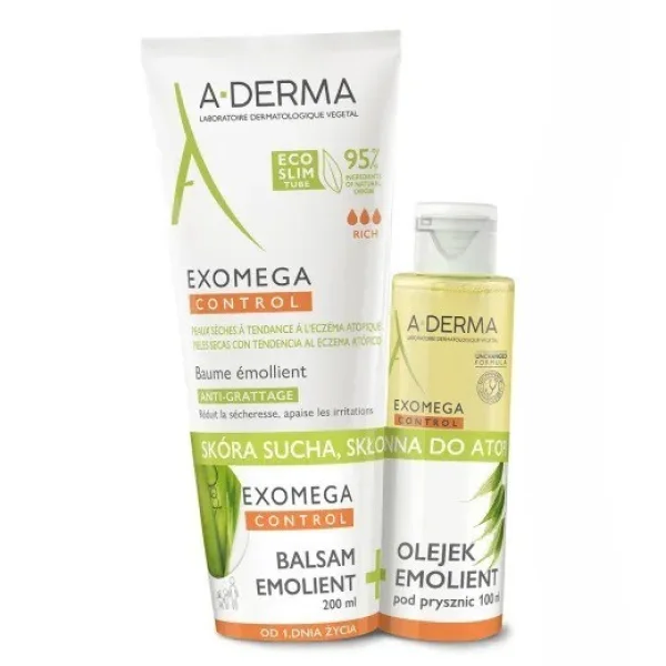 Zestaw A-Derma Exomega Control, balsam emolientowy, 200 ml + olejek pod prysznic, 100 ml