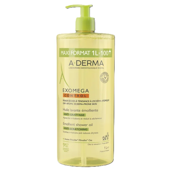 A-Derma Exomega Control, oczyszczający olejek emolientowy pod prysznic, zapobiegający drapaniu, od urodzenia, 1 l