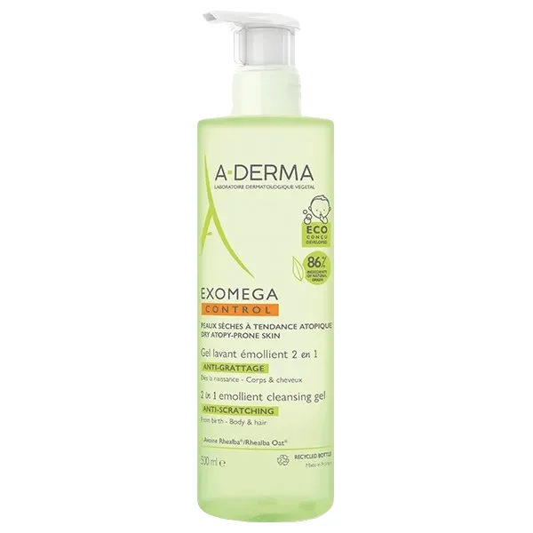 A-Derma Exomega Control 2w1, żel emolient do mycia ciała, twarzy, włosów, od urodzenia, 500 ml