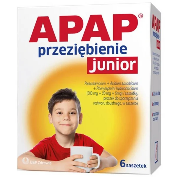 Apap Przeziębienie Junior 300 mg + 20 mg + 5 mg, proszek do sporządzania roztworu doustnego, 6 saszetek