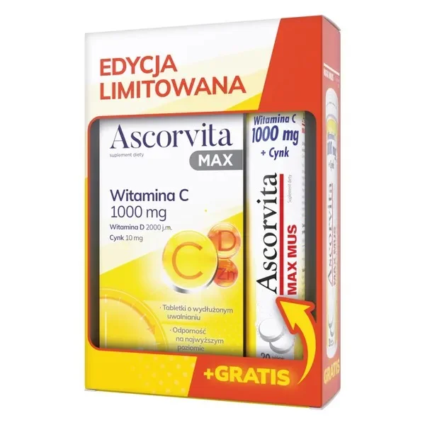 Zestaw Ascorvita Max, 30 tabletek powlekanych, + Ascorvita Max Mus, smak cytrynowy, 20 tabletek musujących 