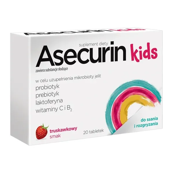 Asecurin Kids, smak truskawkowy, 20 tabletek do ssania i rozgryzania