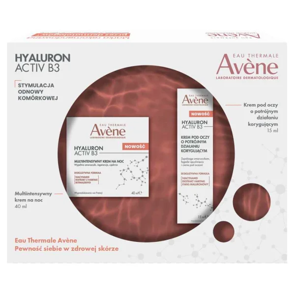 Zestaw Avene Hyaluron Activ B3, multi intensywny krem na noc, 40 ml + Avene Hyaluron Activ B3, krem pod oczy o działaniu korygującym, 15 ml