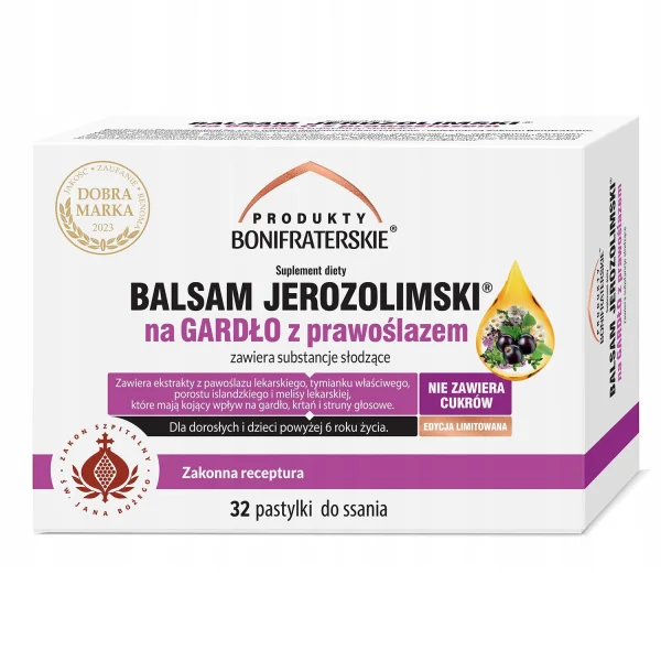 Produkty Bonifraterskie Balsam Jerozolimski na Gardło z prawoślazem, 32 pastylki do ssania