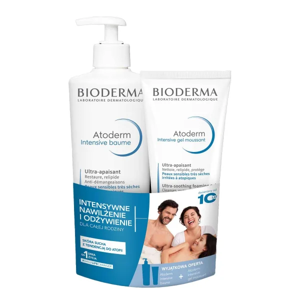 Zestaw Bioderma Atoderm, kojący balsam emolientowy, 500 ml + oczyszczający żel, redukujący swędzenie skóry, 200 ml