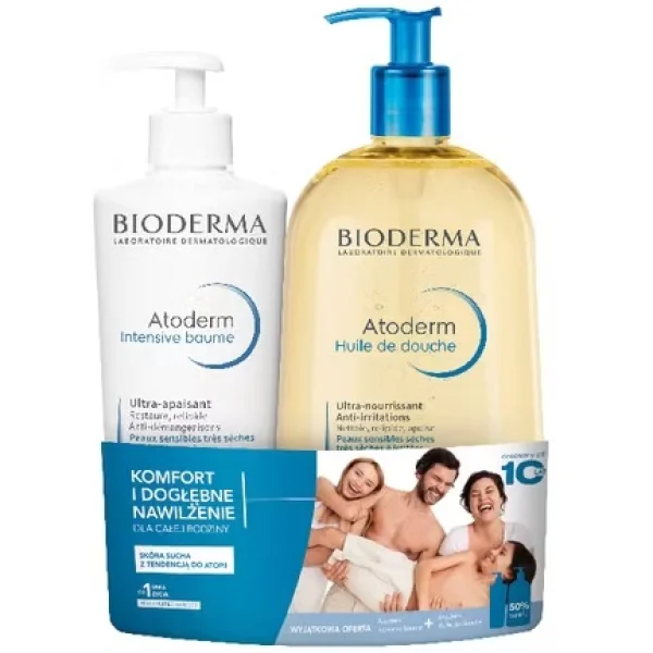 Zestaw Bioderma Atoderm, kojący balsam emolientowy, 500 ml + ultra-odżywczy olejek pod prysznic 1000 ml