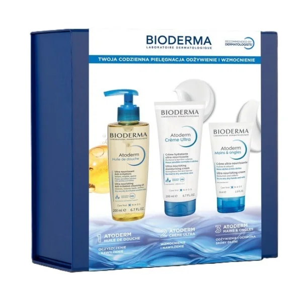Zestaw Bioderma Atoderm, krem nawilżający do ciała, 200 ml + nawilżający olejek do kąpieli i pod prysznic, 200 ml + naprawczo-kojąca pielęgnacja skóry dłoni, 50 ml