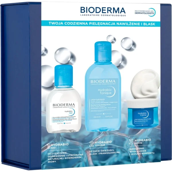 Zestaw Bioderma Hydrabio, nawilżający krem do twarzy, 50 ml + tonik nawilżający, 250 ml + nawilżający płyn micelarny, 250 ml
