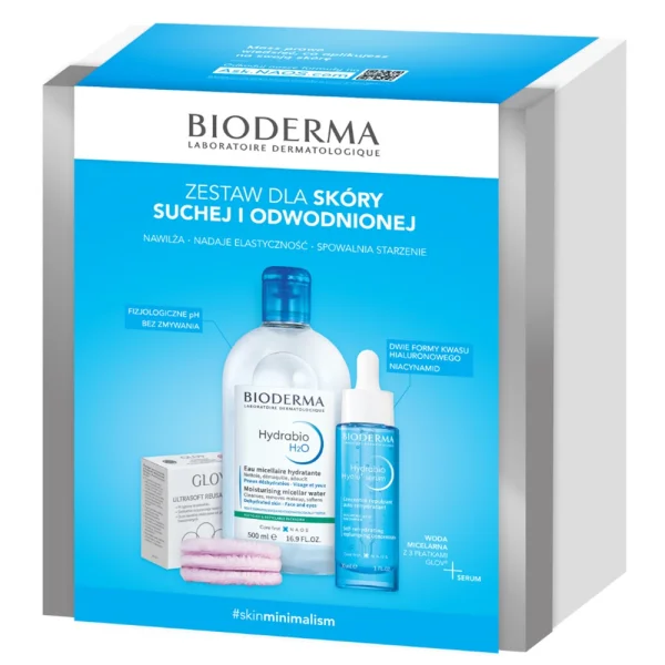 Zestaw Bioderma Hydrabio, Hyalu+, serum, 30 ml + H2O, płyn micelarny, 500 ml + Glov, płatki kosmetyczne, 3 sztuki