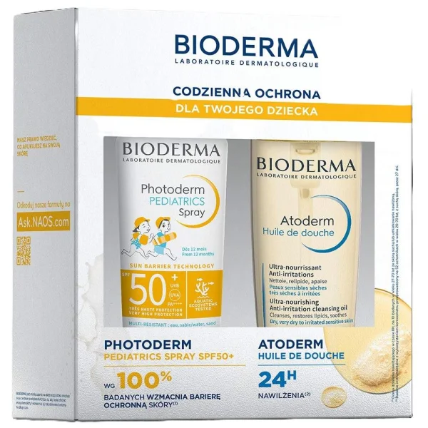 Zestaw Bioderma Codzienna Ochrona dla Twojego Dziecka, spray, od 12 miesiąca, SPF 50+, 200 ml + olejek od kąpieli, 200 ml