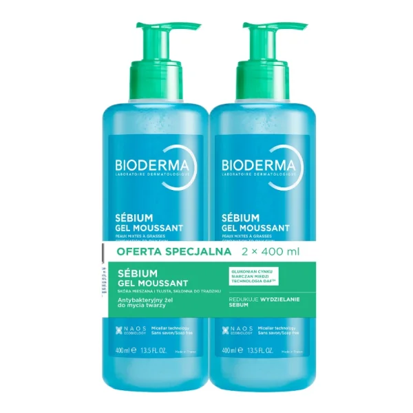 Bioderma Sebium, antybakteryjny żel do mycia twarzy, 2 x 400 ml