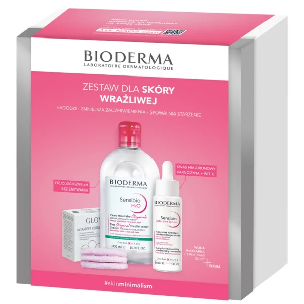 Zestaw Bioderma Sensibio, Defensive, serum, 30 ml + H2O, płyn micelarny, 500 ml + płatki kosmetyczne, 3 sztuki