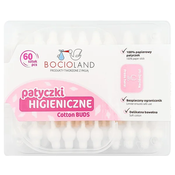 Bocioland, bawełniane patyczki higieniczne z ogranicznikiem, 60 sztuk