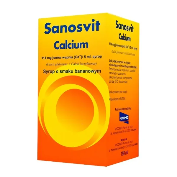 Sanosvit Calcium 114 mg/ 5 mg, syrop, smak bananowy, 150 ml