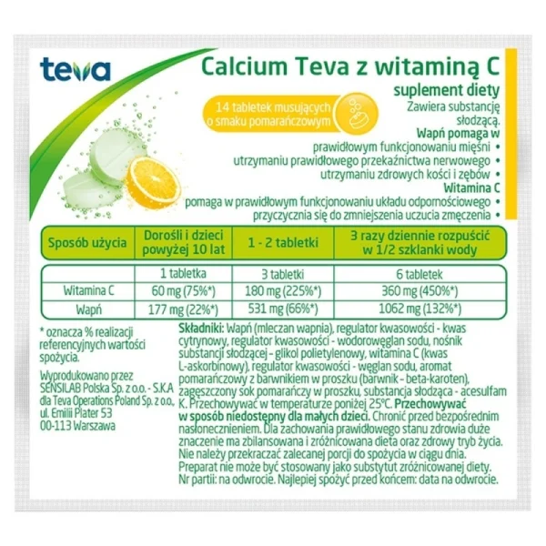 Calcium Teva z witaminą C, smak pomarańczowy, 12 + 2 tabletek musujących